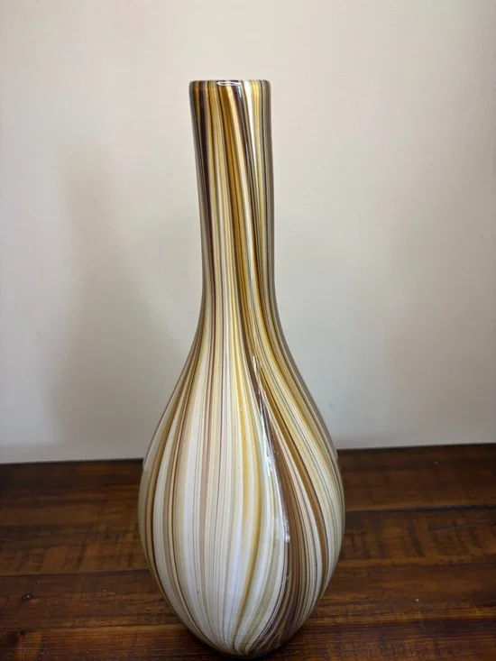 Murano-Style Art Glass Vase Brown And Beige Stripe - Picture 2 of 7